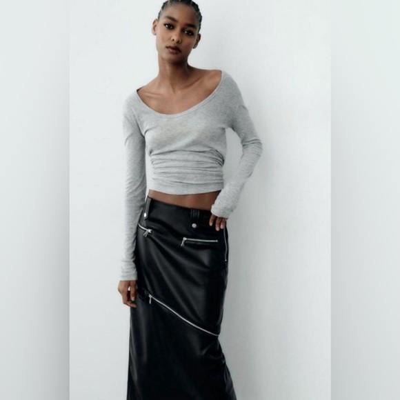 Zara 2 IN 1 DETACHABLE FAUX LEATHER MIDI SKIRT. Black. Size XS. New with Tags. - Picture 6 of 12